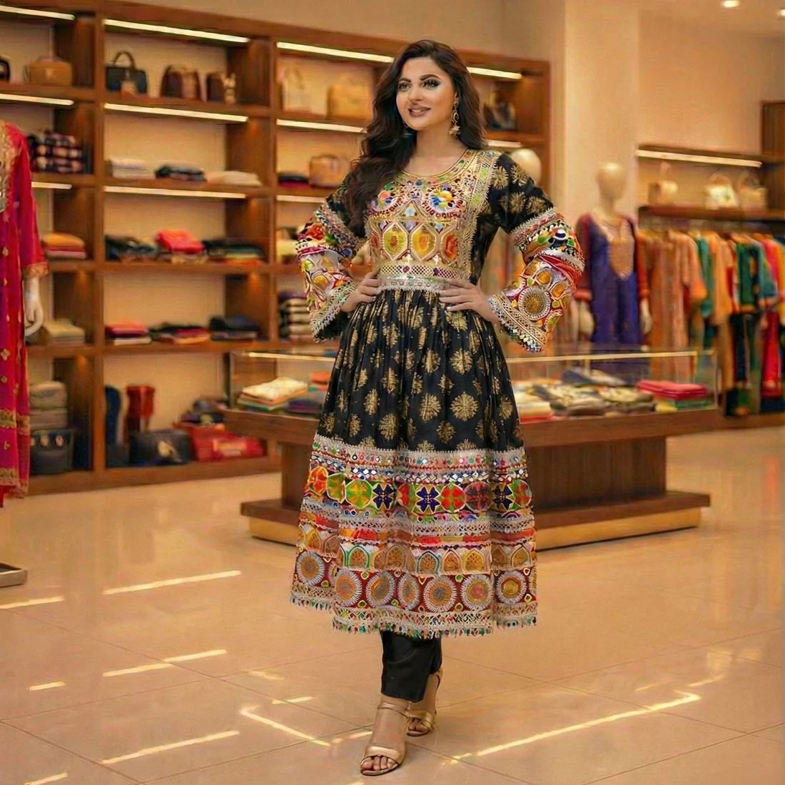 Authentic Afghan Kuchi Dress with Heavy Multicolor Tribal Embroidery Hover
