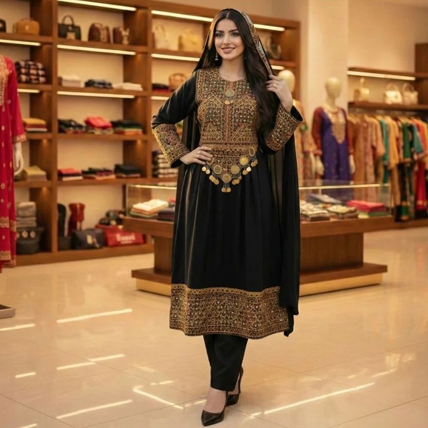 Elegant Afghan Dress with Heavy Zari Embroidery & Coin Trim