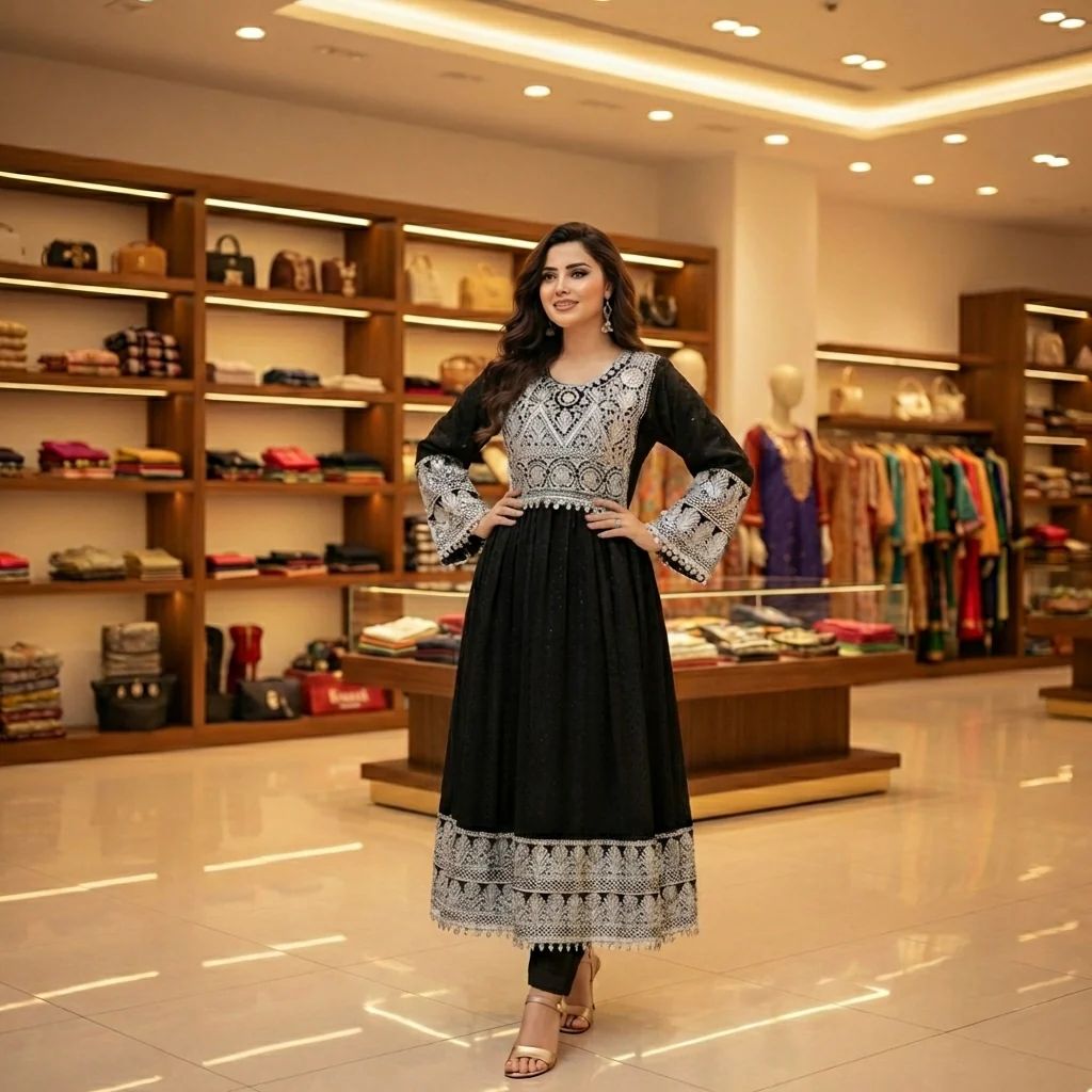 Elegant Afghan Dress with Heavy Zari Embroidery & Coin Trim Hover