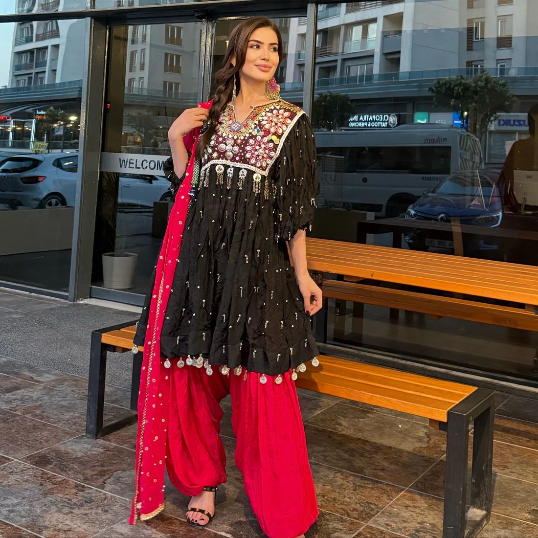 Kabul Nightfall Black Pleated Tunic and Fuchsia Parthan Ensemble Hover