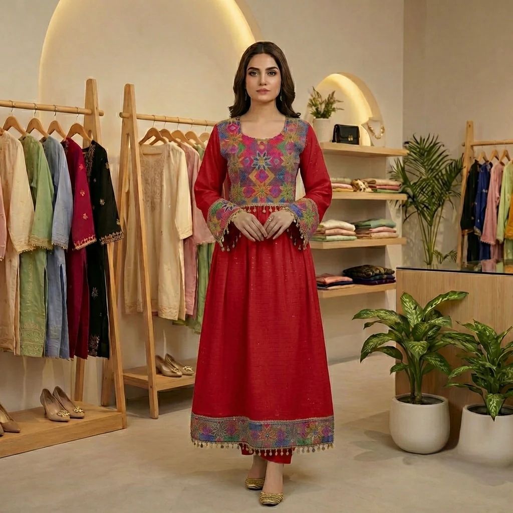 Traditional Afghan Frock with Tribal Embroidery & Tassels