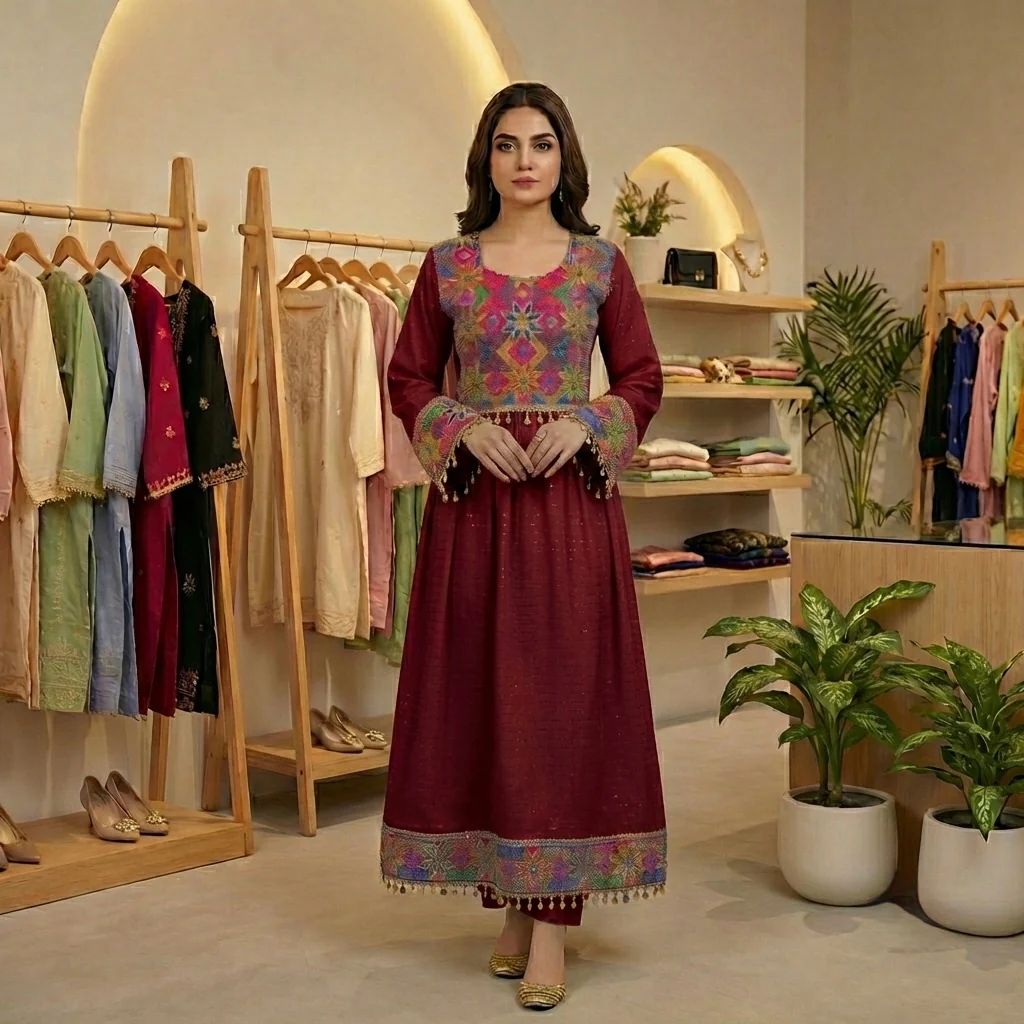 Traditional Afghan Frock with Tribal Embroidery & Tassels Hover